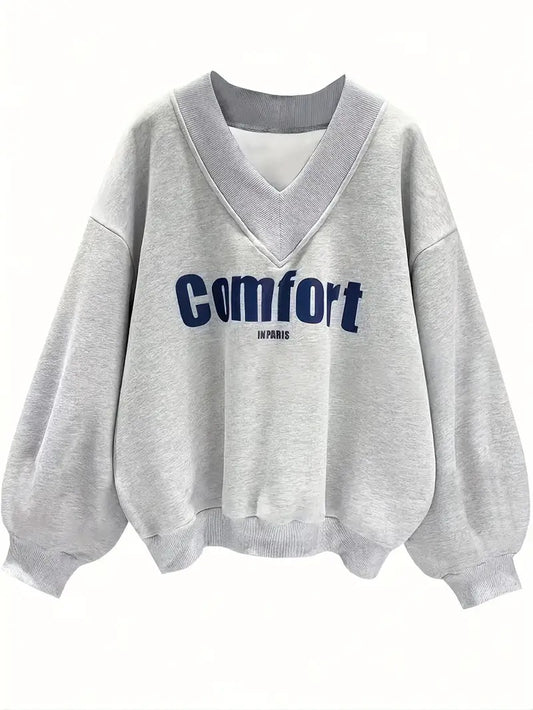 Comfort Letter Print Drop Shoulder Women's Sweatshirt Grey Melange Color