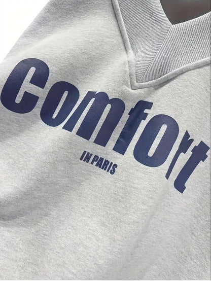 Comfort Letter Print Drop Shoulder Women's Sweatshirt Grey Melange Color