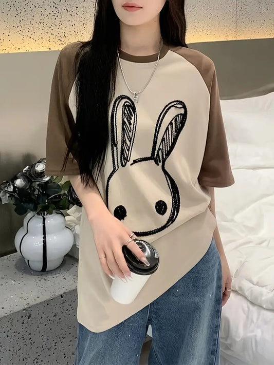 Rabbits Graphic Oversized Printed Women's T-Shirt Black Color, Raglan Sleeves