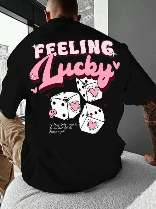 Feeling Lucky Graphic Loose-Fitting Black Oversized Printed T-Shirt for Men & Unisex, Back Print