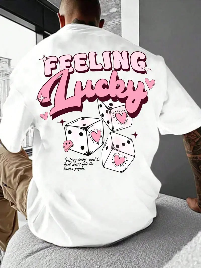 Feeling Lucky White Oversized Printed T-Shirt for Men & Unisex, Back Print