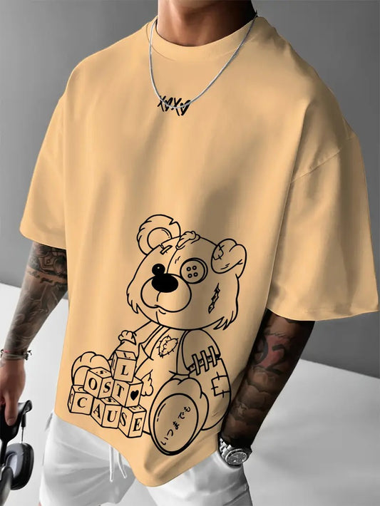 Bear Graphic Loose-Fitting Beige Color Oversized Printed T-Shirt for Men & Unisex