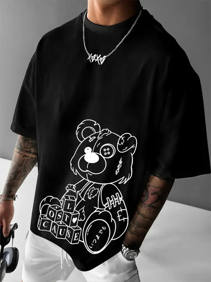 Bear Graphic Loose-Fitting Black Oversized Printed T-Shirt for Men & Unisex