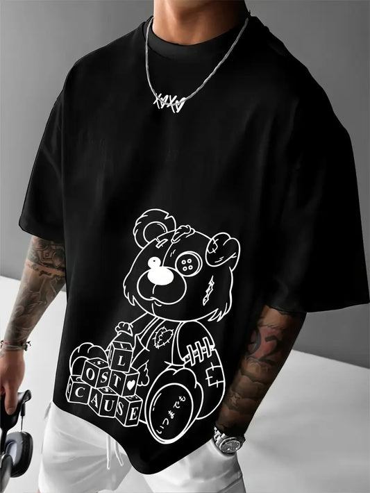 Bear Graphic Loose-Fitting Black Oversized Printed T-Shirt for Men & Unisex