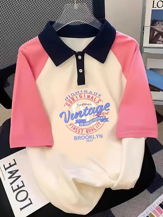 Vintage Graphic Oversized Printed Women's T-Shirt Polo Raglan Sleeves Crop Tee