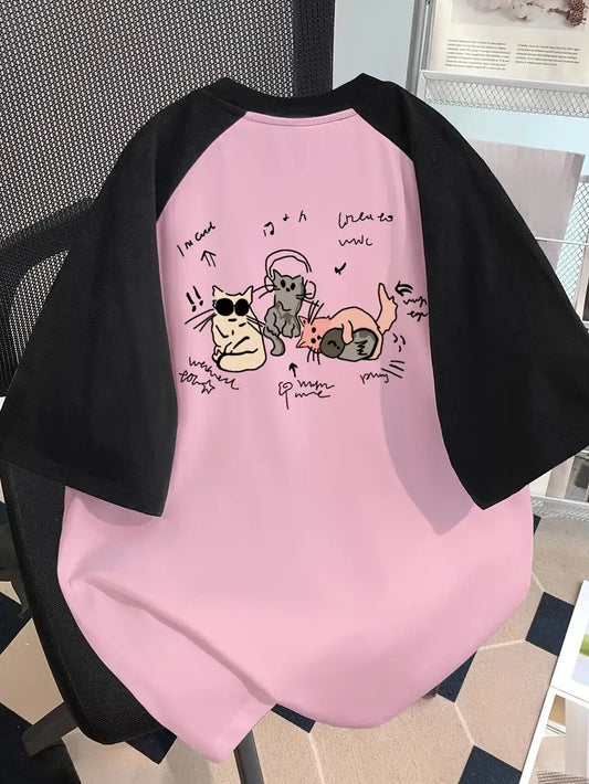 Cats Music Graphic Oversized Printed Women's T-Shirt Black Color, Raglan Sleeves