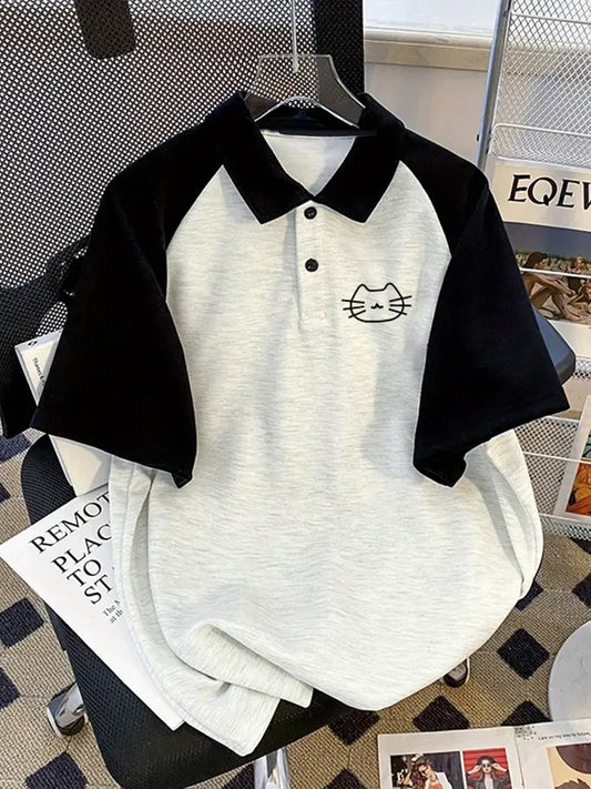 Cat Face Graphic Oversized Printed Women's T-Shirt Polo Raglan Sleeves Crop Tee