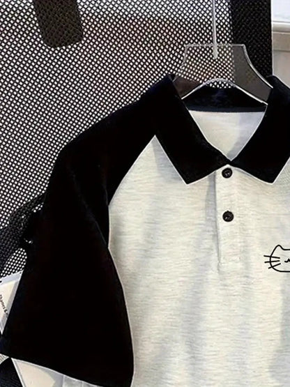 Cat Face Graphic Oversized Printed Women's T-Shirt Polo Raglan Sleeves Crop Tee
