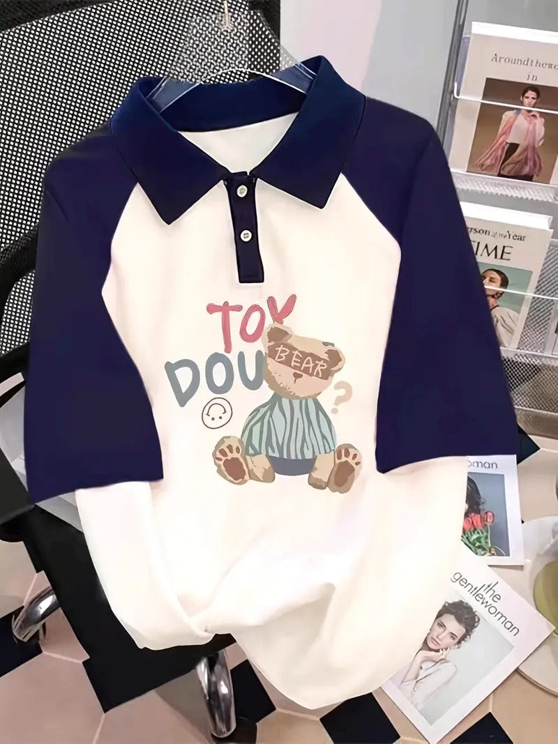 Toy Dou Bear Oversized Printed Women's T-Shirt Polo Raglan Sleeves Crop Tee