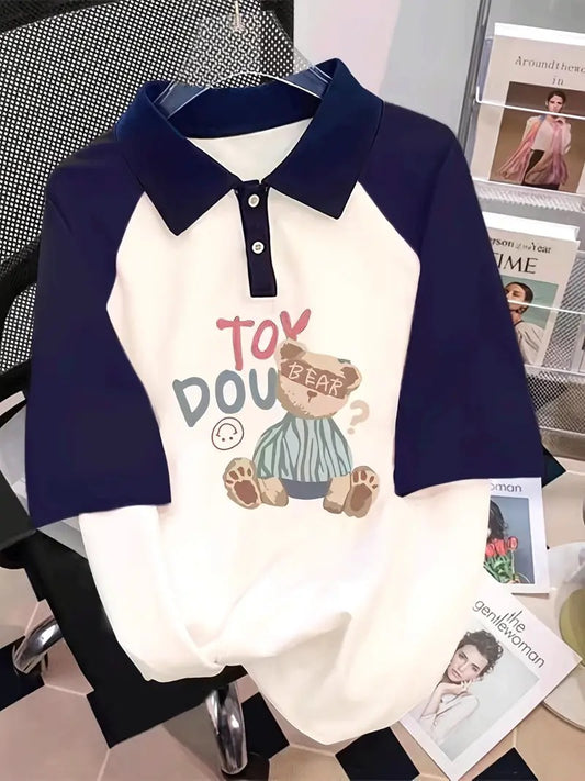 Toy Dou Bear Oversized Printed Women's T-Shirt Polo Raglan Sleeves Crop Tee