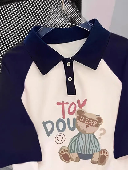 Toy Dou Bear Oversized Printed Women's T-Shirt Polo Raglan Sleeves Crop Tee