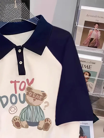 Toy Dou Bear Oversized Printed Women's T-Shirt Polo Raglan Sleeves Crop Tee