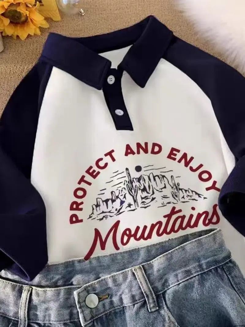 Protect & Enjoy Retro Collar Oversized Printed Women's T-Shirt Polo Raglan Sleeves Crop Tee