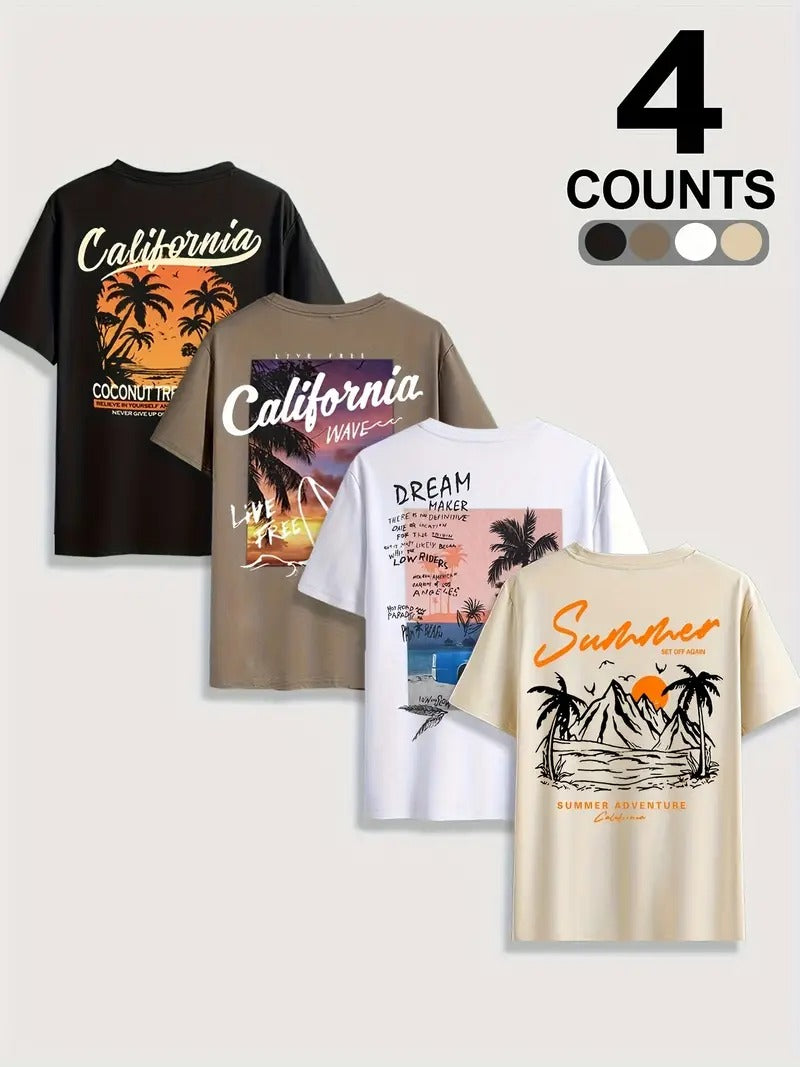 Pack of 4 Combo Graphic Cotton Oversized Printed T-Shirt for Men & Unisex, Oversized Printed Women's T-Shirt, Beach Print