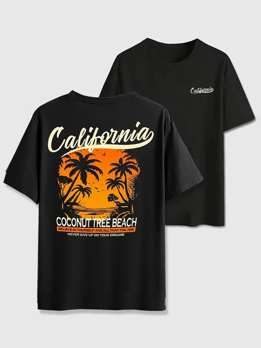 Beach Graphic Loose-Fitting Black Oversized Printed T-Shirt for Men & Unisex