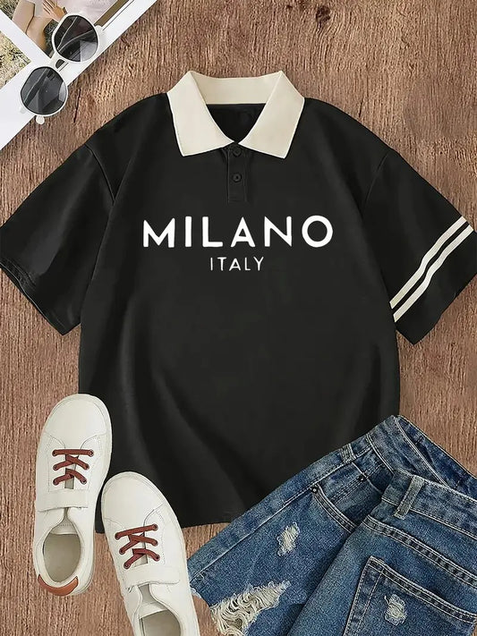 Milano Italy Oversized Printed Women's T-Shirt Polo Raglan Sleeves Crop Tee