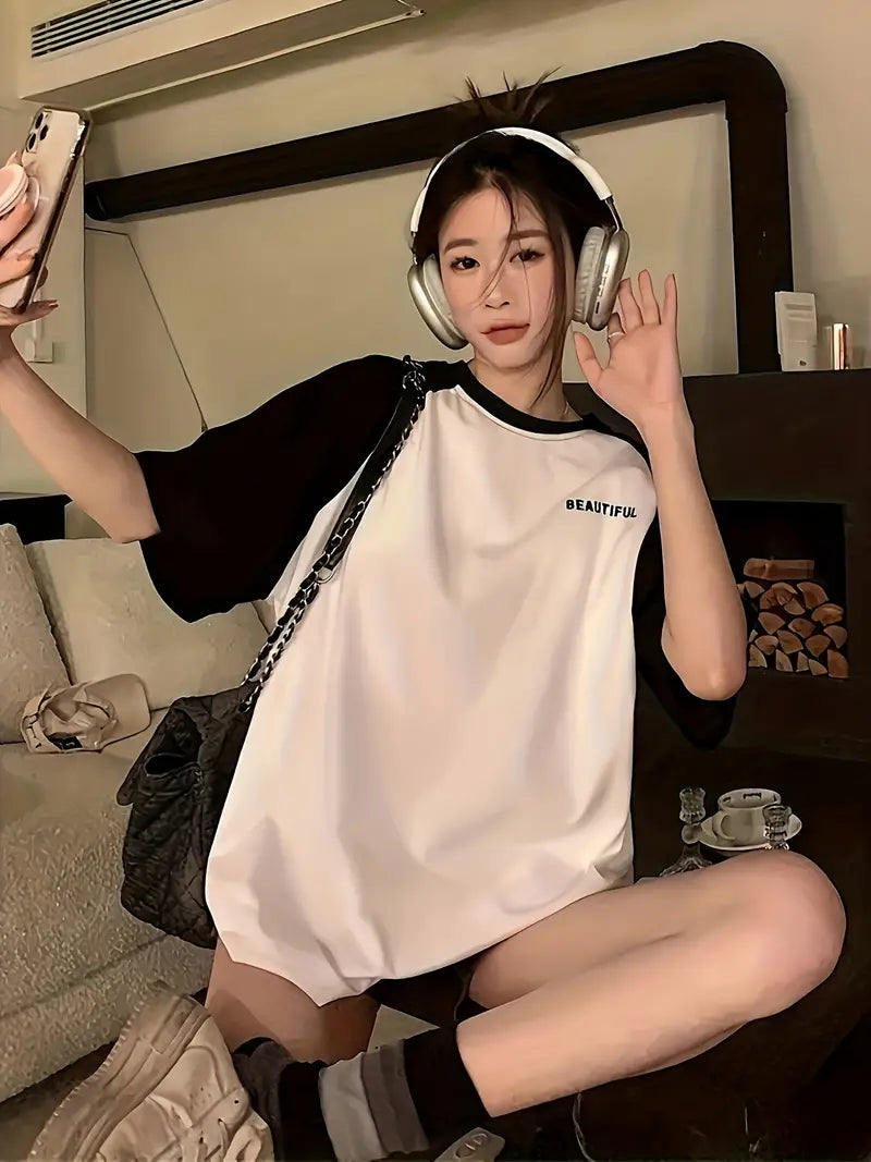 Beautiful Text Oversized Printed Women's T-Shirt Black Color, Raglan Sleeves