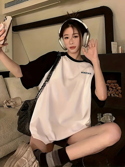 Beautiful Text Oversized Printed Women's T-Shirt Black Color, Raglan Sleeves