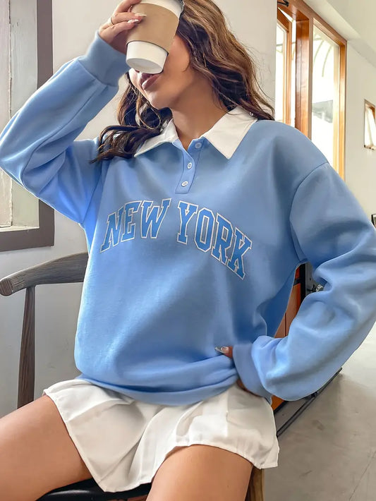 New York Printed Oversized Women's Sweatshirt Hoodie, Sky Blue Color, Drop Shoulders, Collar & Buttons