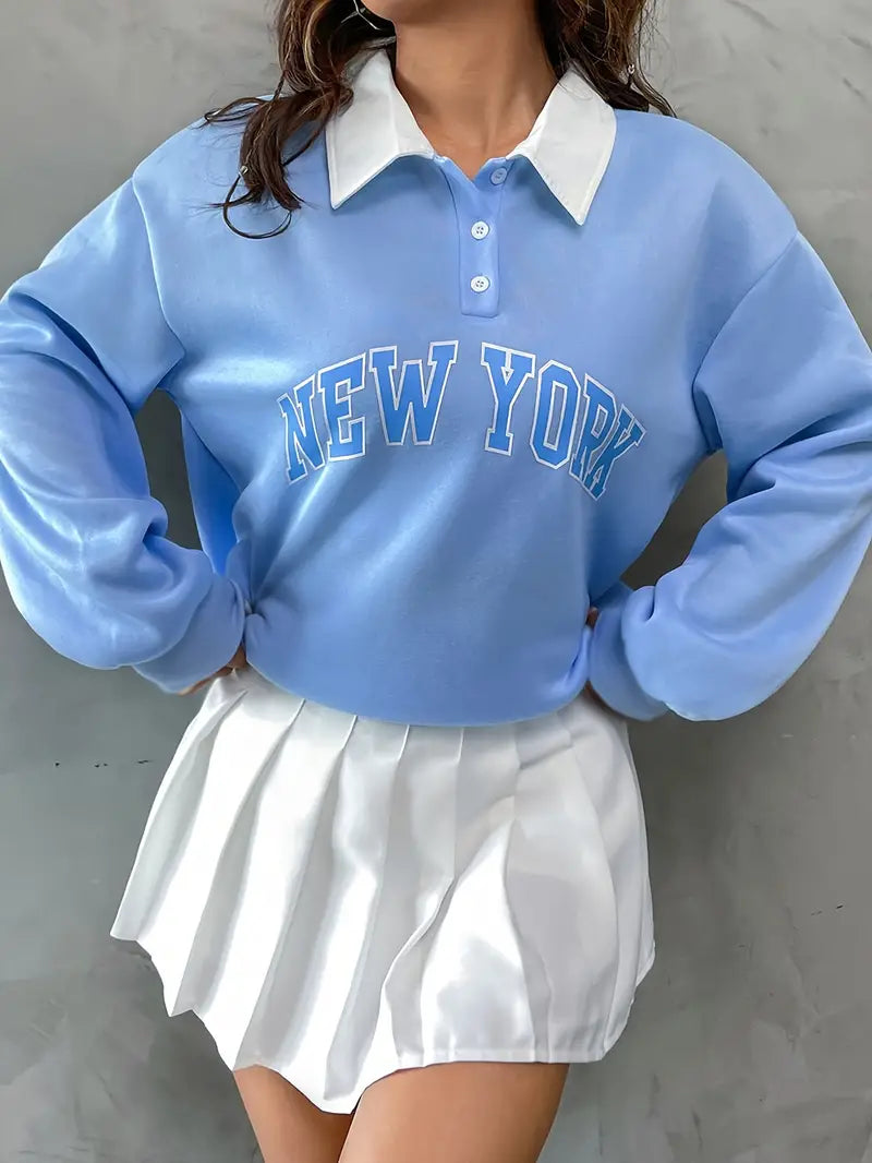 New York Printed Oversized Women's Sweatshirt Hoodie, Sky Blue Color, Drop Shoulders, Collar & Buttons
