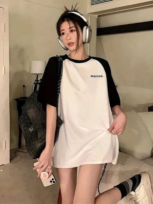 Beautiful Text Oversized Printed Women's T-Shirt Black Color, Raglan Sleeves