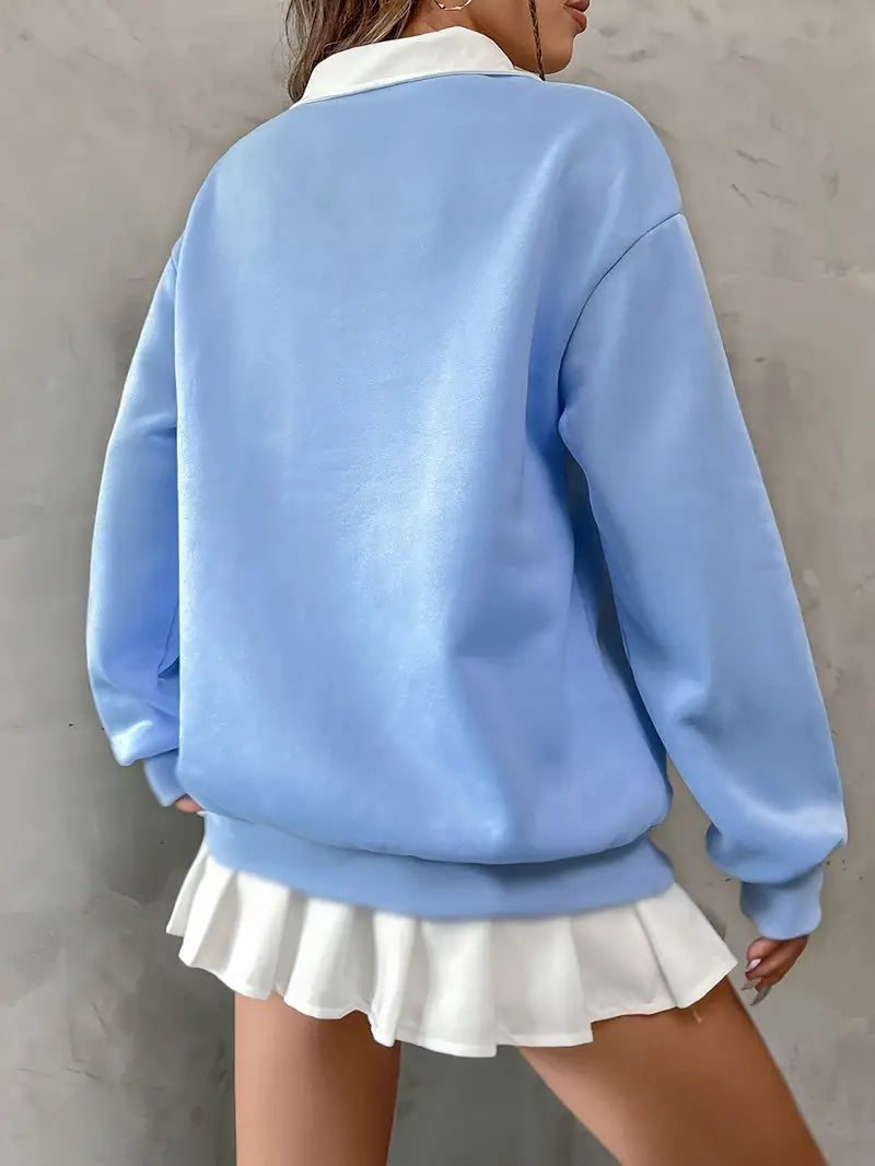 New York Printed Oversized Women's Sweatshirt Hoodie, Sky Blue Color, Drop Shoulders, Collar & Buttons