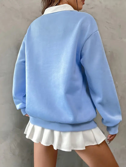 New York Printed Oversized Women's Sweatshirt Hoodie, Sky Blue Color, Drop Shoulders, Collar & Buttons
