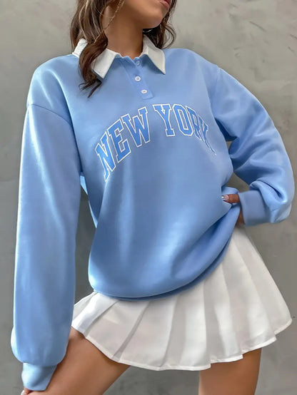 New York Printed Oversized Women's Sweatshirt Hoodie, Sky Blue Color, Drop Shoulders, Collar & Buttons