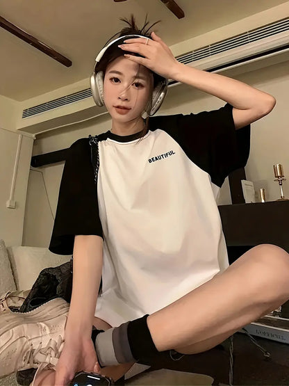 Beautiful Text Oversized Printed Women's T-Shirt Black Color, Raglan Sleeves