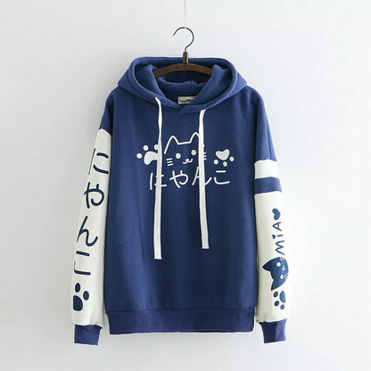 Cat Face Printed Oversized Women's Sweatshirt Hoodie, Blue Color, Drop Shoulders