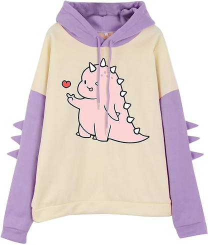 Dinosaur Printed Oversized Women's Sweatshirt Hoodie, Lavender Color, Drop Shoulders