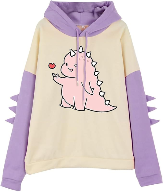 Dinosaur Printed Oversized Women's Sweatshirt Hoodie, Lavender Color, Drop Shoulders