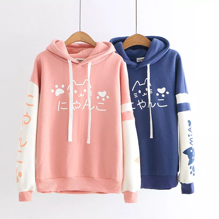 Cat Face Printed Oversized Women's Sweatshirt Hoodie, Blue Color, Drop Shoulders