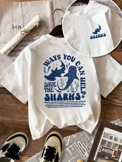 Sharks Graphic Oversized Printed Women's T-Shirt White Color, Unisex, Back Print