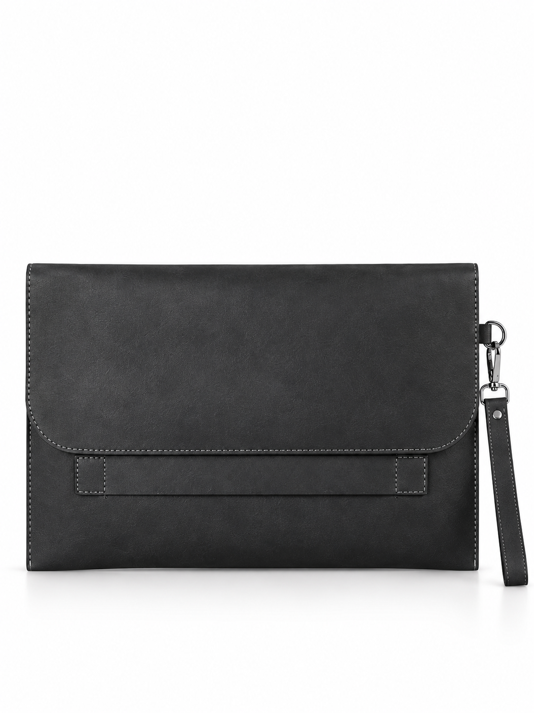 Black Solid Leather-Look Document Clutch with Detachable Wrist Strap