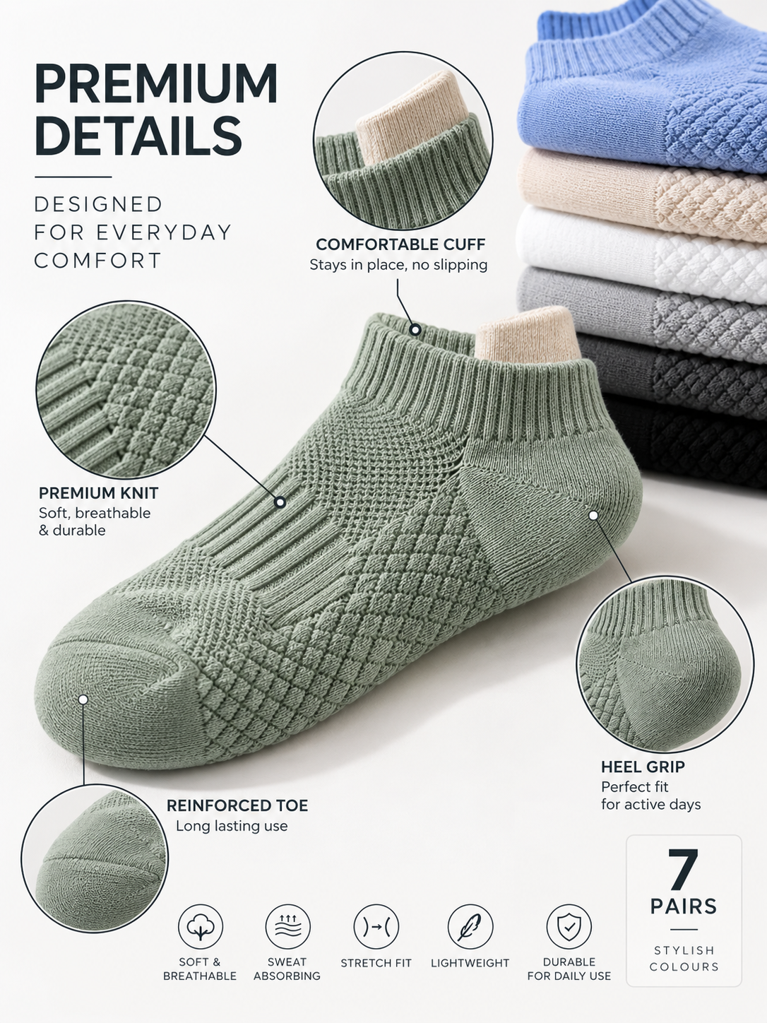Unisex Pack of 7 Multicoloured Ankle-Length Casual Socks