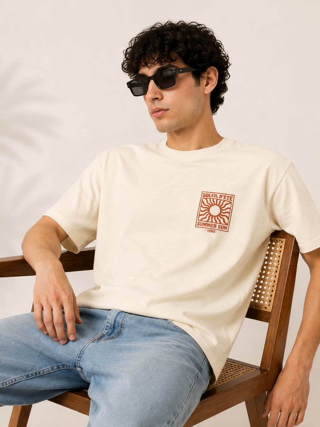 Beige Typography Printed Oversized Cotton T-Shirt