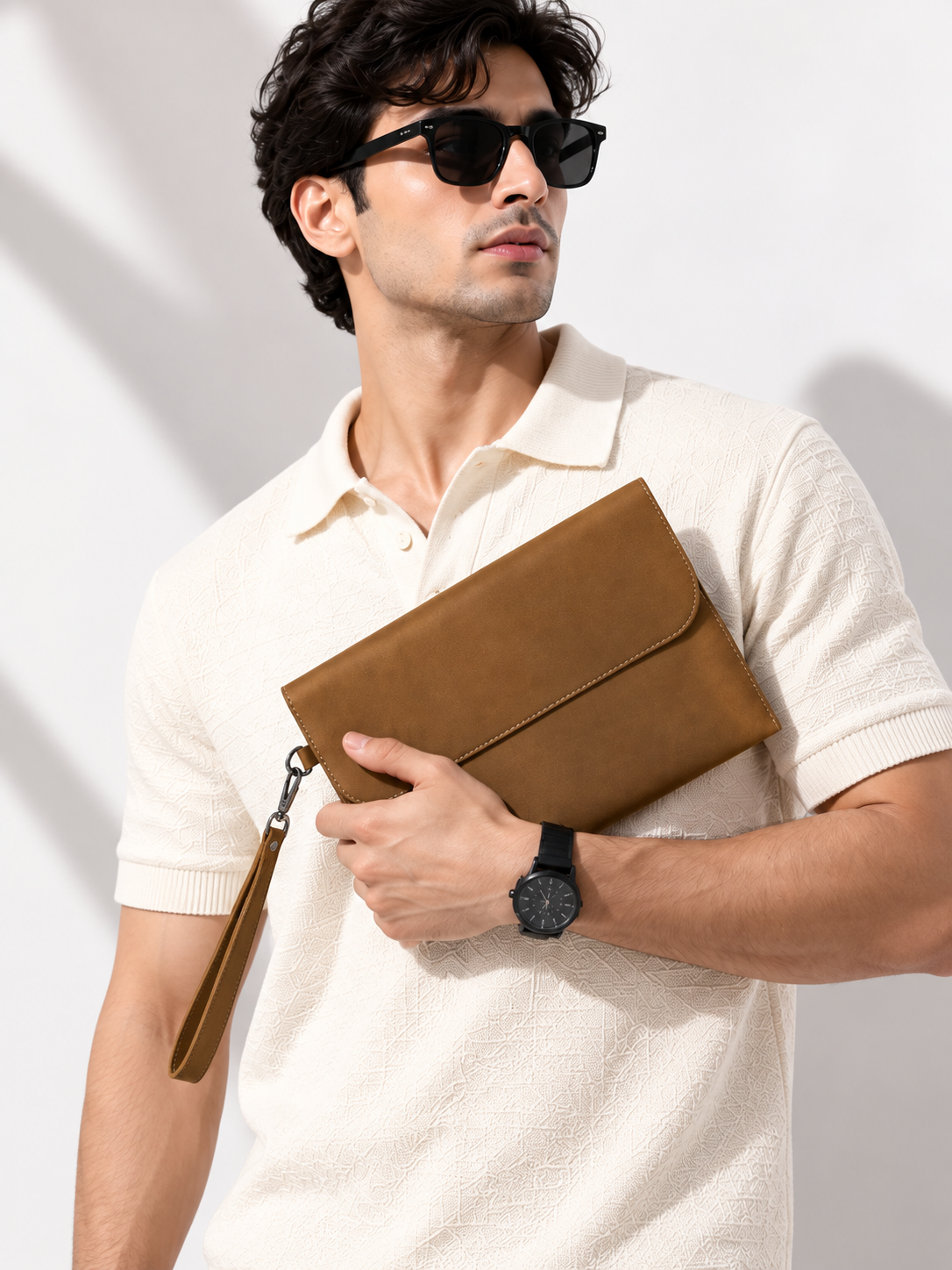 Brown Solid Leather-Look Document Clutch with Detachable Wrist Strap