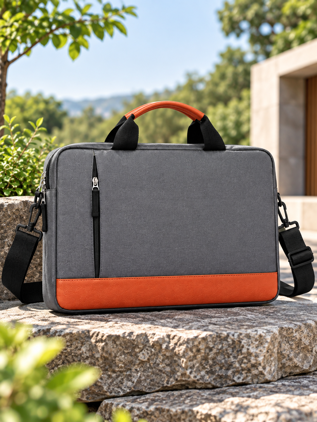 Unisex Grey & Tan Laptop Bag with Padded Compartment & Shoulder Strap