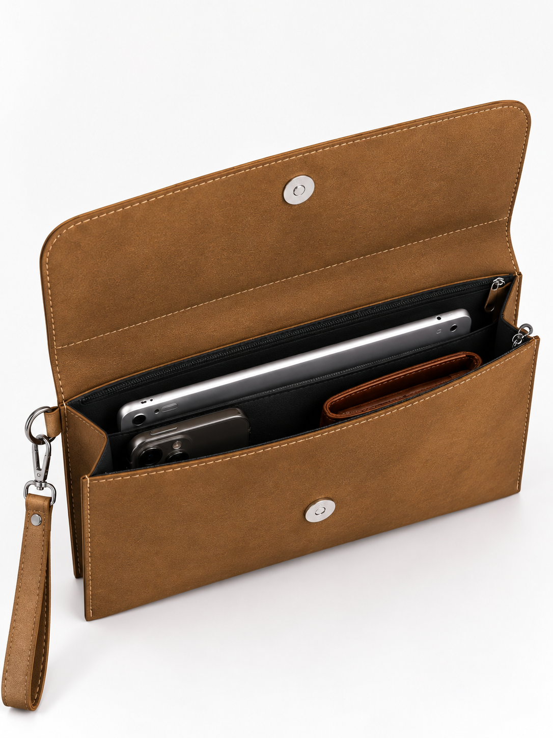 Brown Solid Leather-Look Document Clutch with Detachable Wrist Strap