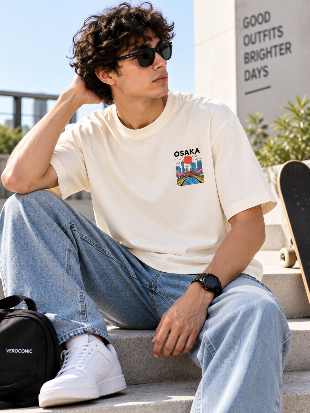 White Typography Printed Oversized Cotton T-Shirt
