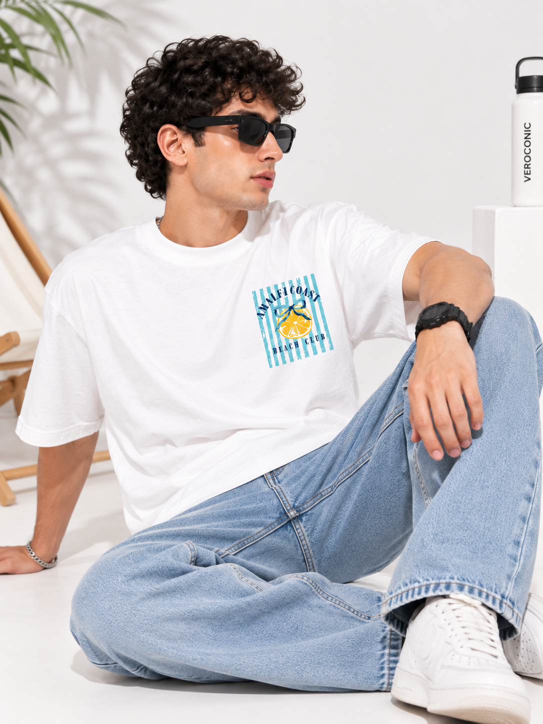 White Typography Printed Oversized Cotton T-Shirt
