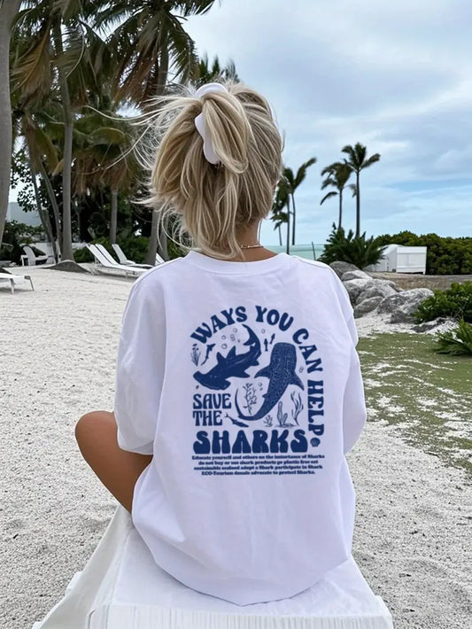 Sharks Graphic Oversized Printed Women's T-Shirt White Color, Unisex, Back Print