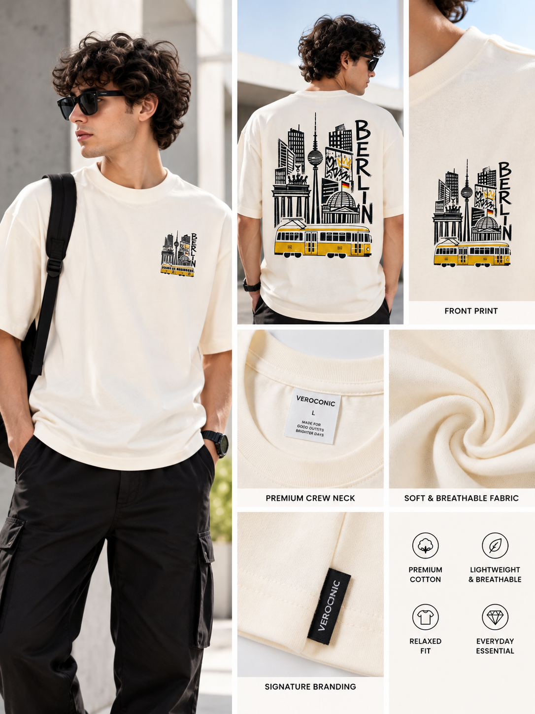 Beige Graphic Printed Oversized Cotton T-Shirt