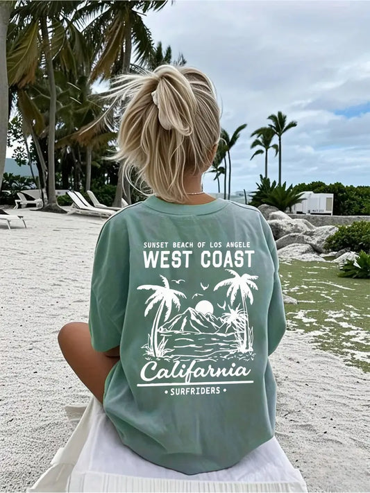 West Cost Graphic Oversized Printed Women's T-Shirt Green Color, Unisex, Back Print