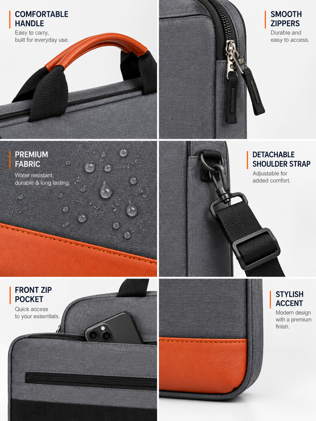 Unisex Grey & Tan Laptop Bag with Padded Compartment & Shoulder Strap