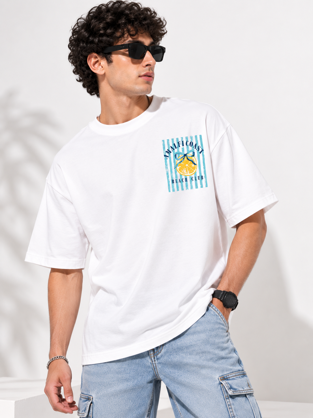 White Typography Printed Oversized Cotton T-Shirt