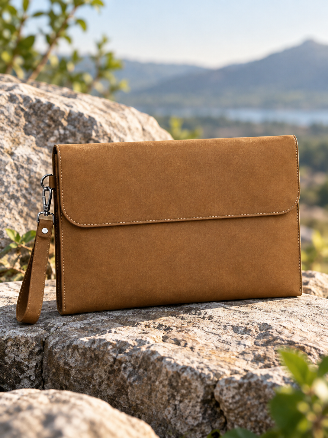 Brown Solid Leather-Look Document Clutch with Detachable Wrist Strap