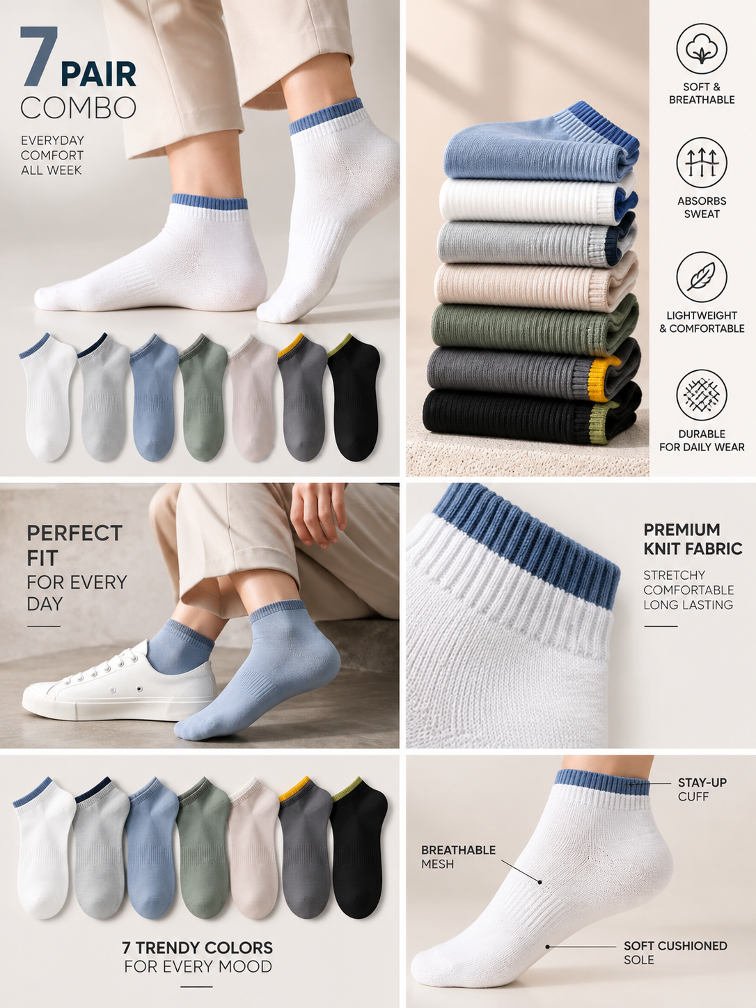 Unisex Pack of 7 Multicoloured Ankle-Length Casual Socks