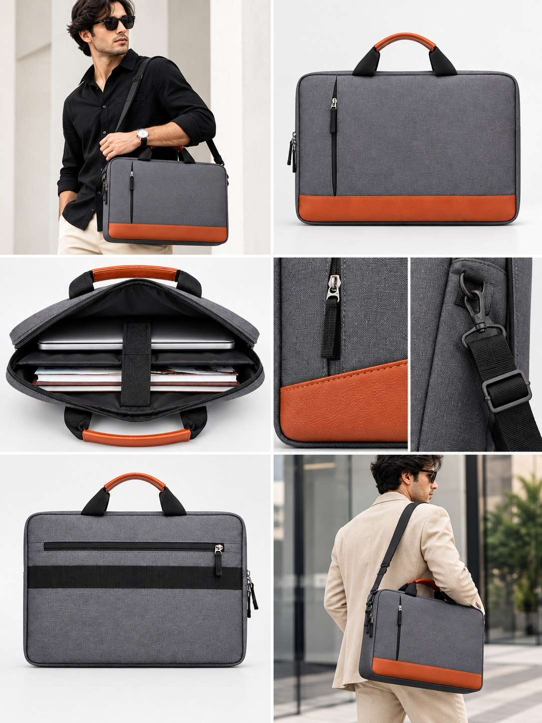 Unisex Grey & Tan Laptop Bag with Padded Compartment & Shoulder Strap